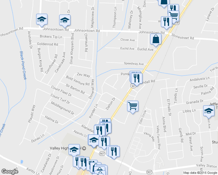 map of restaurants, bars, coffee shops, grocery stores, and more near 5315 Velle Vista Drive in Louisville