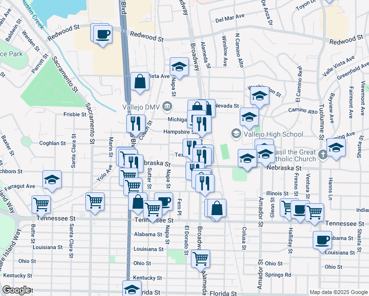 map of restaurants, bars, coffee shops, grocery stores, and more near 2007 El Dorado Street in Vallejo