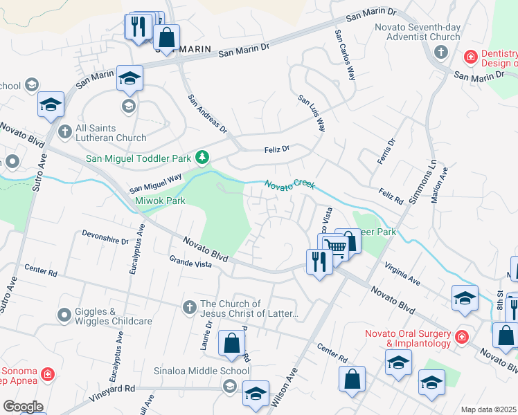 map of restaurants, bars, coffee shops, grocery stores, and more near 117A Oliva Court in Novato