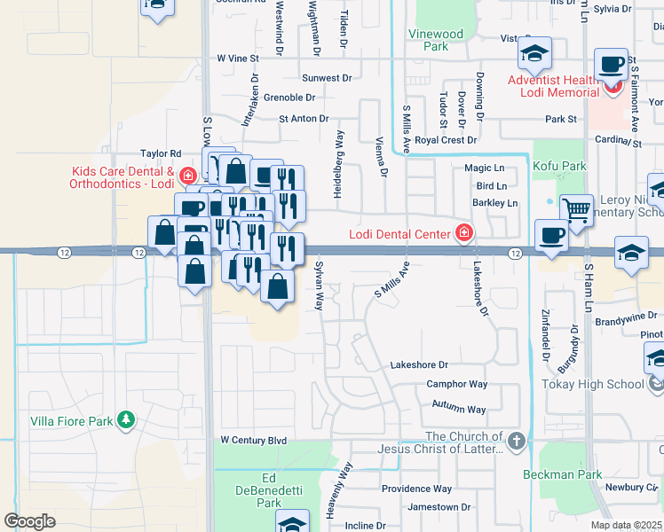 map of restaurants, bars, coffee shops, grocery stores, and more near 2150 West Kettleman Lane in Lodi