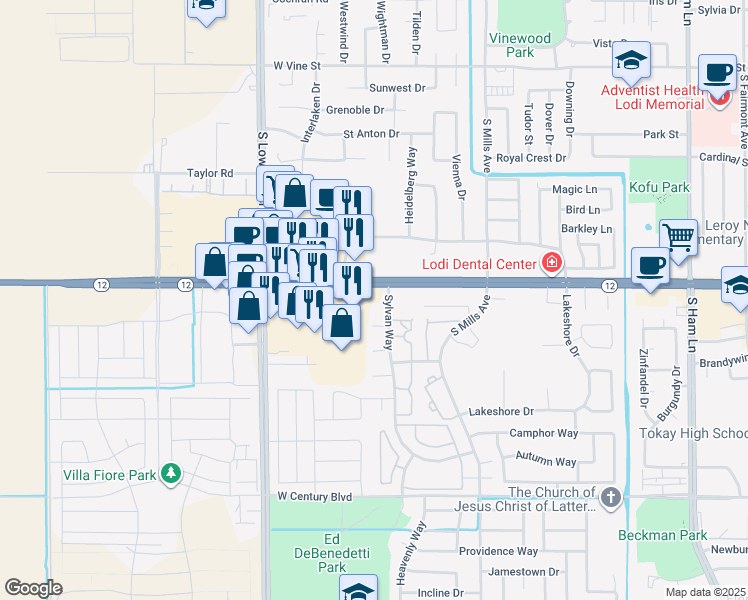 map of restaurants, bars, coffee shops, grocery stores, and more near 2220 West Kettleman Lane in Lodi