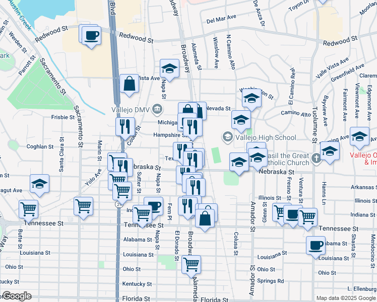 map of restaurants, bars, coffee shops, grocery stores, and more near 817 Broadway in Vallejo