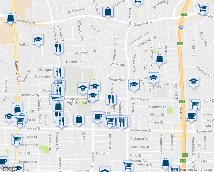 map of restaurants, bars, coffee shops, grocery stores, and more near 119 Milita Street in Vallejo