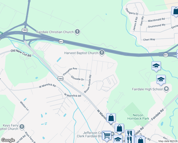 map of restaurants, bars, coffee shops, grocery stores, and more near 9301 Pirouette Avenue in Louisville