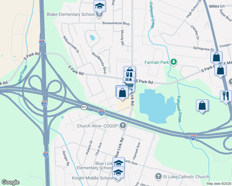 map of restaurants, bars, coffee shops, grocery stores, and more near 3807 Carpenter Drive in Louisville