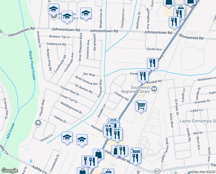 map of restaurants, bars, coffee shops, grocery stores, and more near 9336 Ponder Lane in Louisville