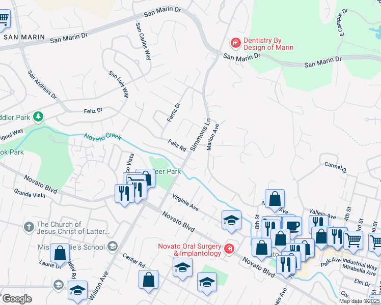map of restaurants, bars, coffee shops, grocery stores, and more near Simmons Ln & Feliz Rd in Novato