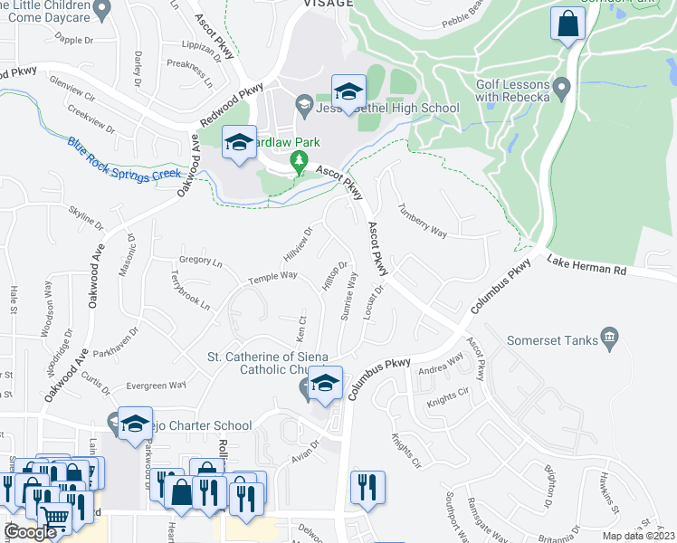 map of restaurants, bars, coffee shops, grocery stores, and more near 160 Hilltop Drive in Vallejo