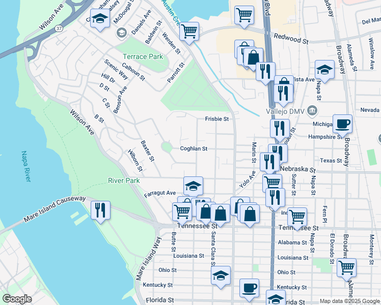 map of restaurants, bars, coffee shops, grocery stores, and more near 239 Coghlan Street in Vallejo