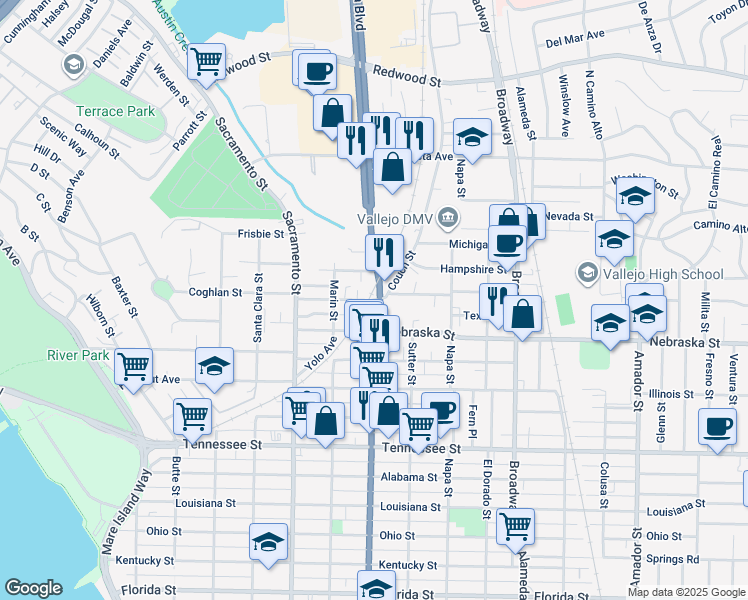 map of restaurants, bars, coffee shops, grocery stores, and more near Mississippi Street in Vallejo