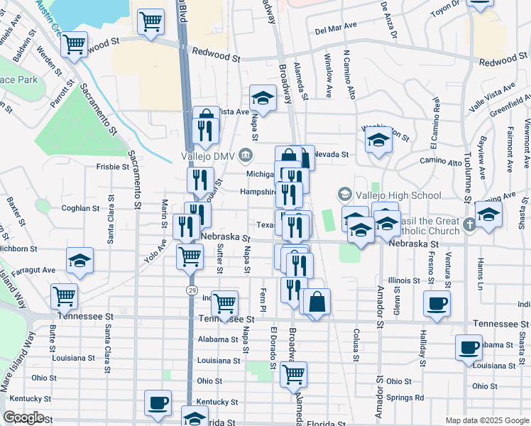 map of restaurants, bars, coffee shops, grocery stores, and more near 2007 El Dorado Street in Vallejo