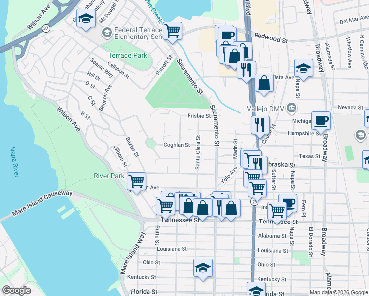 map of restaurants, bars, coffee shops, grocery stores, and more near in Vallejo