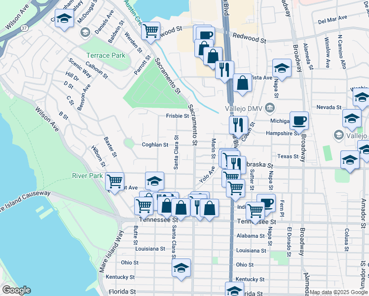 map of restaurants, bars, coffee shops, grocery stores, and more near 421 Coghlan Street in Vallejo