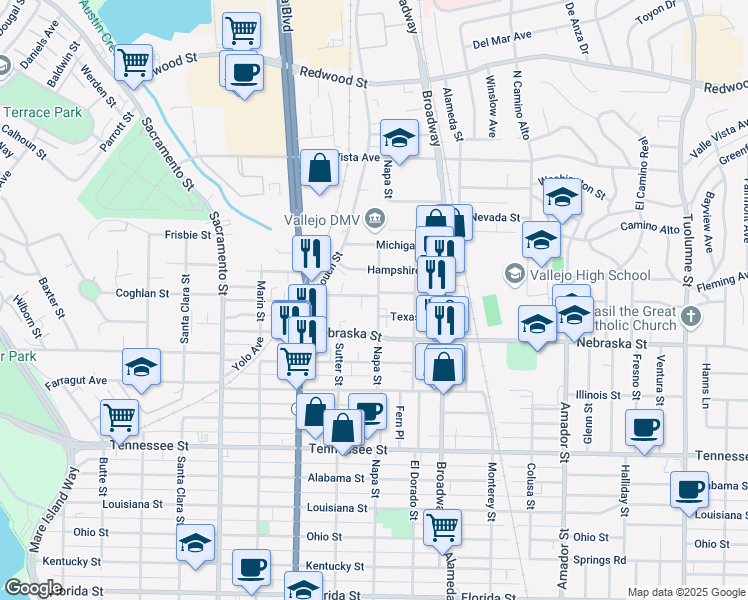map of restaurants, bars, coffee shops, grocery stores, and more near 2122 Napa Street in Vallejo