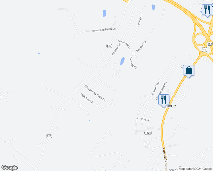 map of restaurants, bars, coffee shops, grocery stores, and more near Avonwoods Drive in Augusta County
