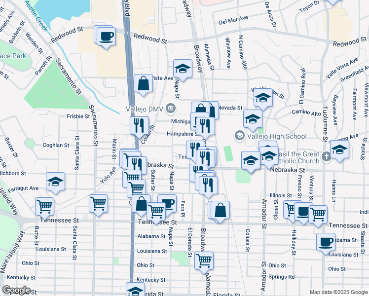 map of restaurants, bars, coffee shops, grocery stores, and more near 2007 El Dorado Street in Vallejo