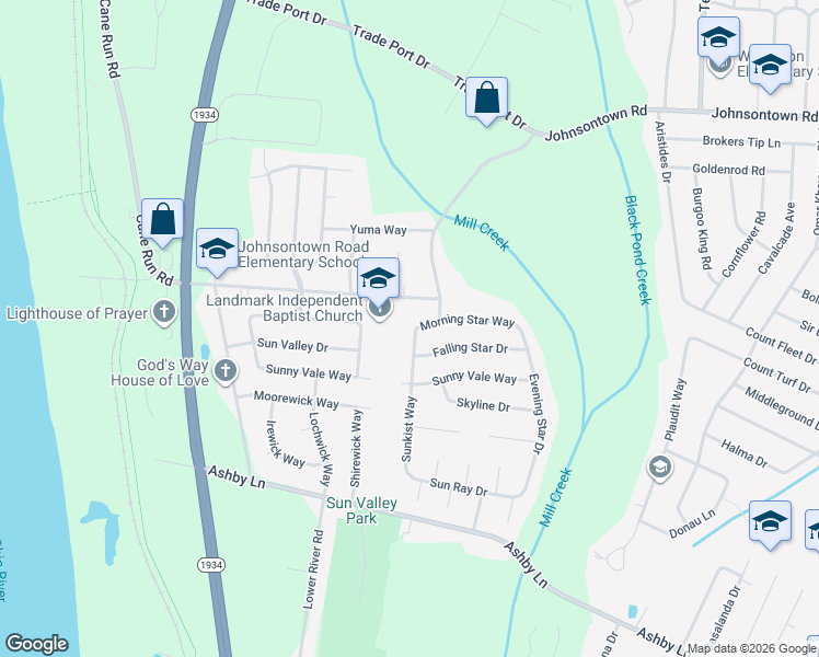 map of restaurants, bars, coffee shops, grocery stores, and more near 9800 Sunkist Way in Louisville