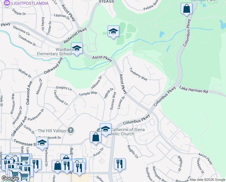 map of restaurants, bars, coffee shops, grocery stores, and more near 160 Hilltop Drive in Vallejo