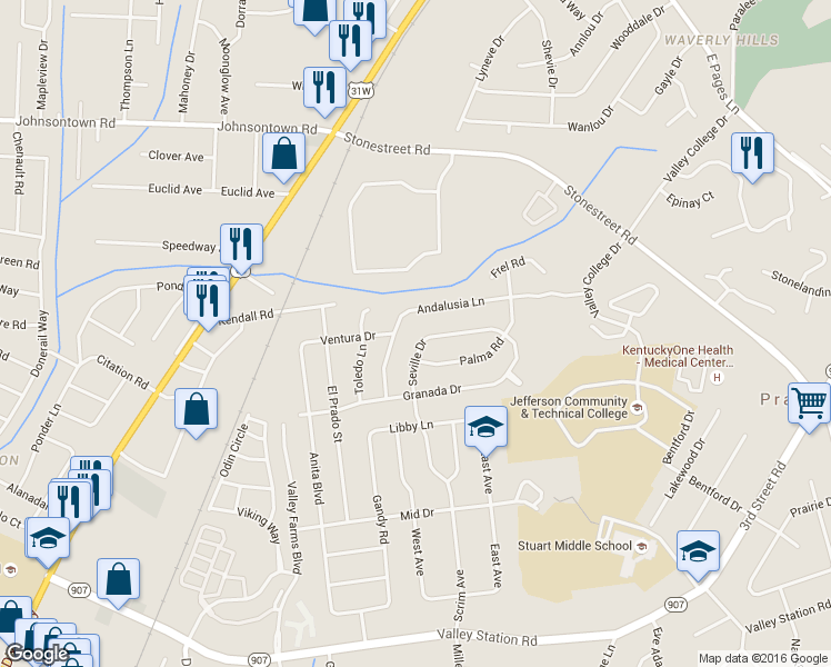 map of restaurants, bars, coffee shops, grocery stores, and more near 4815 Seville Drive in Louisville