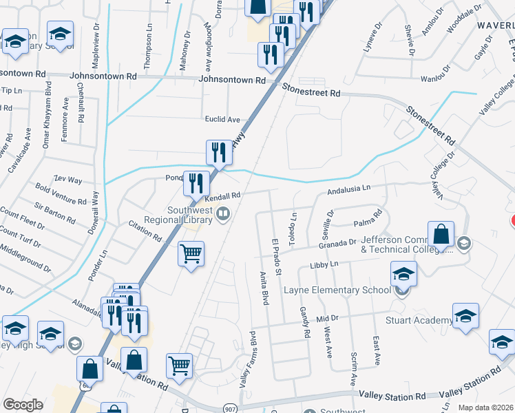 map of restaurants, bars, coffee shops, grocery stores, and more near 5105 Ventura Drive in Louisville