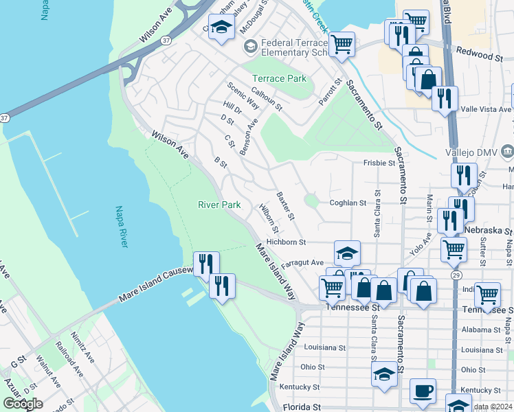 map of restaurants, bars, coffee shops, grocery stores, and more near 185 Hilborn Avenue in Vallejo