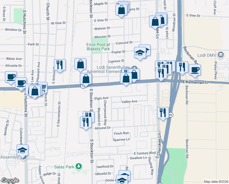 map of restaurants, bars, coffee shops, grocery stores, and more near 248 East Kettleman Lane in Lodi
