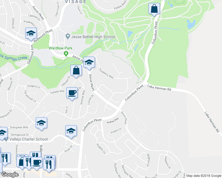 map of restaurants, bars, coffee shops, grocery stores, and more near 1248 Locust Drive in Vallejo