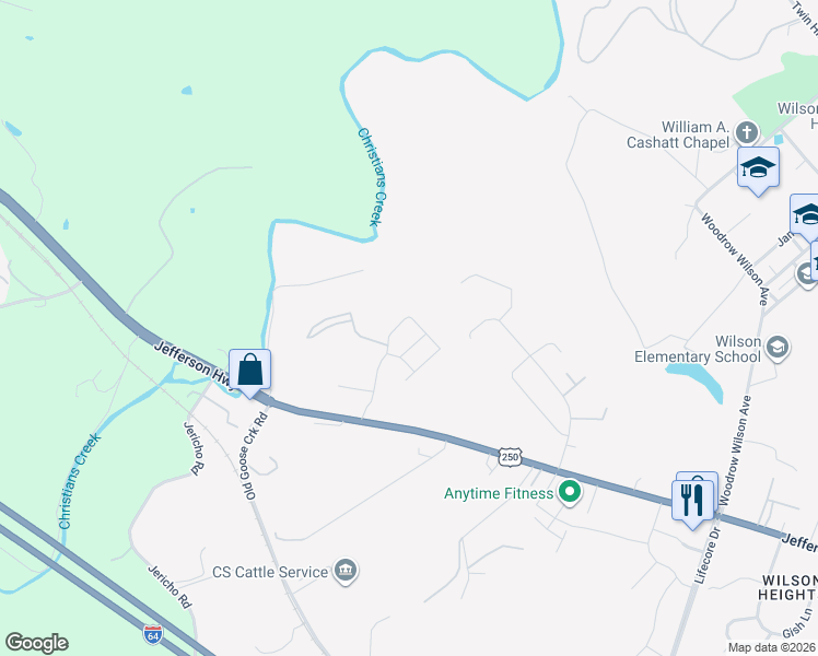 map of restaurants, bars, coffee shops, grocery stores, and more near 20 Paige Drive in Staunton