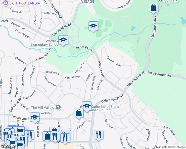 map of restaurants, bars, coffee shops, grocery stores, and more near 160 Hilltop Drive in Vallejo