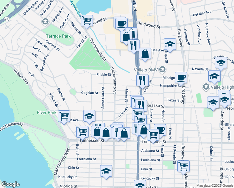 map of restaurants, bars, coffee shops, grocery stores, and more near 102 Mississippi Street in Vallejo