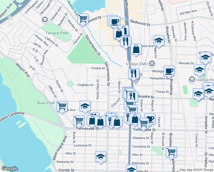 map of restaurants, bars, coffee shops, grocery stores, and more near 102 Mississippi Street in Vallejo