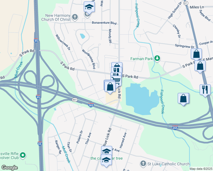 map of restaurants, bars, coffee shops, grocery stores, and more near 3805 Carpenter Drive in Louisville