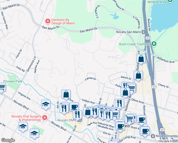 map of restaurants, bars, coffee shops, grocery stores, and more near 13 Sunnyhill Road in Novato