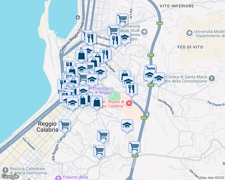 map of restaurants, bars, coffee shops, grocery stores, and more near 6 Via Villa Aurora in Reggio Calabria