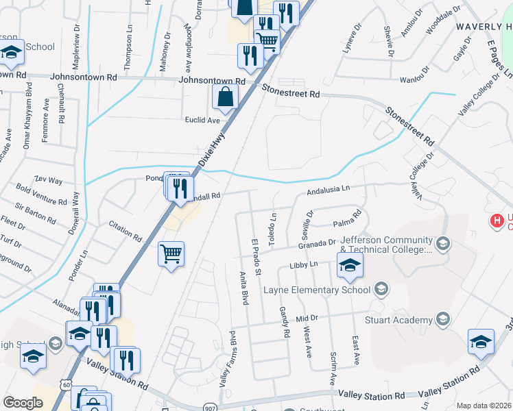 map of restaurants, bars, coffee shops, grocery stores, and more near 5005 Ventura Drive in Louisville