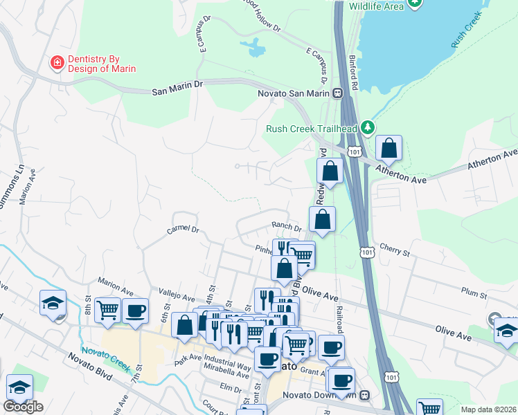 map of restaurants, bars, coffee shops, grocery stores, and more near 113 Pinheiro Circle in Novato