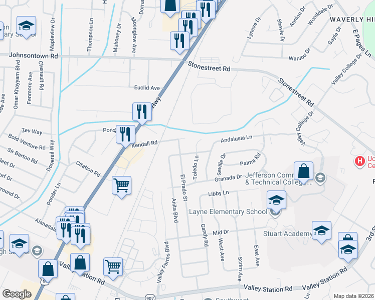 map of restaurants, bars, coffee shops, grocery stores, and more near 5005 Ventura Drive in Louisville
