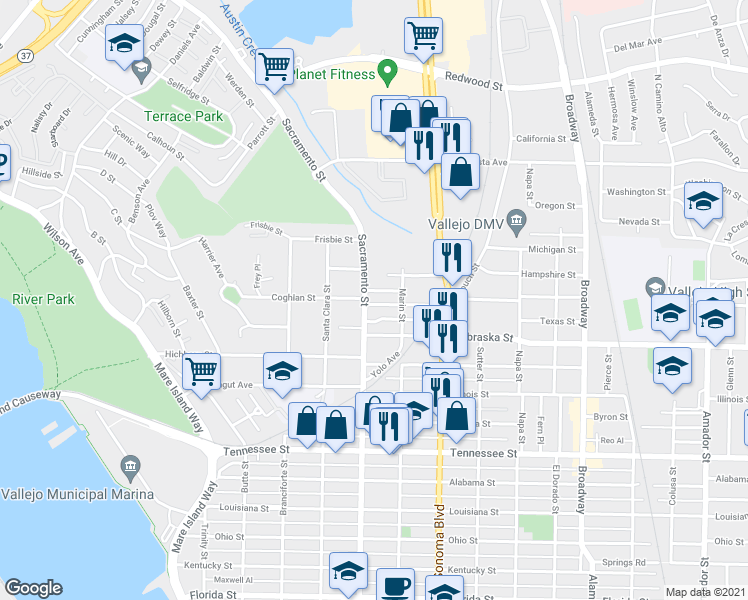 map of restaurants, bars, coffee shops, grocery stores, and more near 102 Mississippi Street in Vallejo