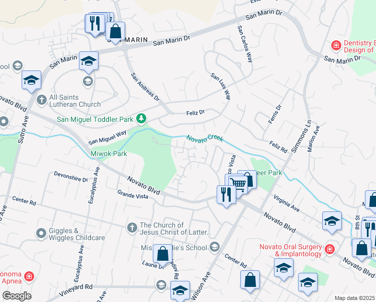 map of restaurants, bars, coffee shops, grocery stores, and more near 122 Oliva Court in Novato