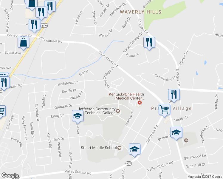 map of restaurants, bars, coffee shops, grocery stores, and more near 4707 Hawthorne Place Drive in Louisville