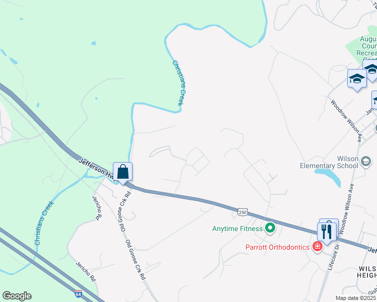 map of restaurants, bars, coffee shops, grocery stores, and more near 20 Paige Drive in Staunton
