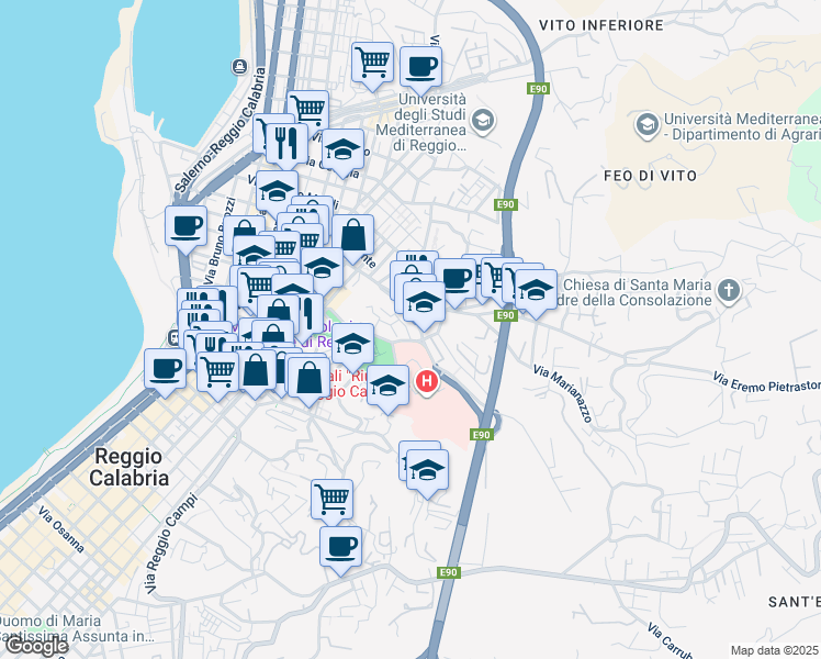 map of restaurants, bars, coffee shops, grocery stores, and more near 10 Via Vallone Petrara in Reggio Calabria