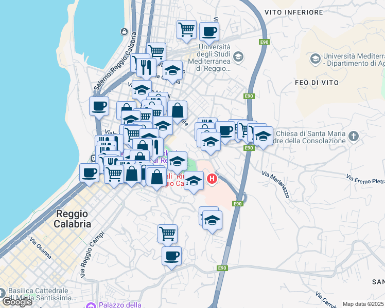 map of restaurants, bars, coffee shops, grocery stores, and more near 6 Via Villa Aurora in Reggio Calabria
