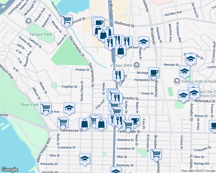map of restaurants, bars, coffee shops, grocery stores, and more near 1930 Marin Street in Vallejo
