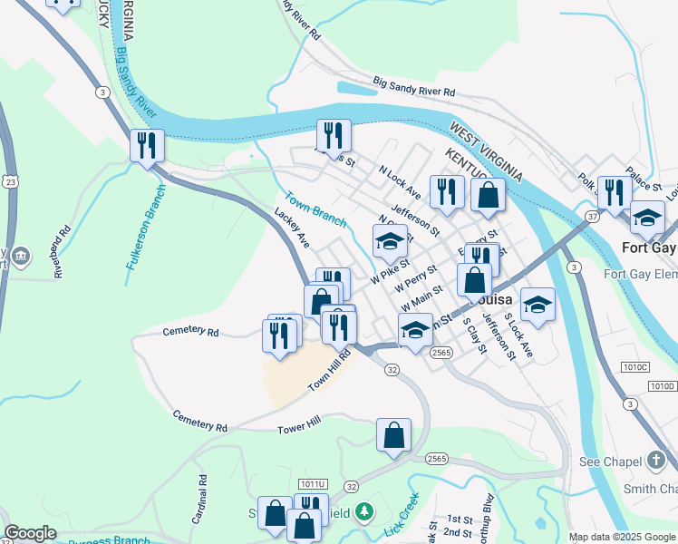 map of restaurants, bars, coffee shops, grocery stores, and more near West Maple Street in Louisa