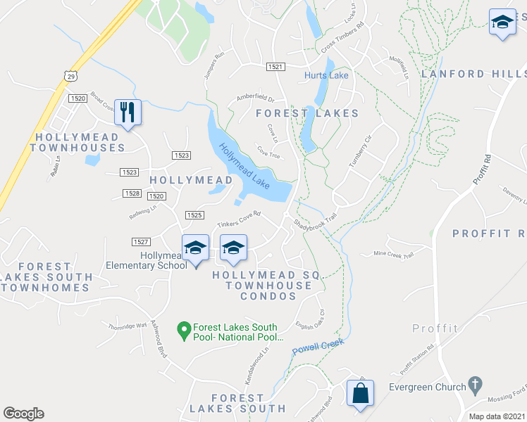 map of restaurants, bars, coffee shops, grocery stores, and more near 1860 Tinkers Cove Road in Charlottesville