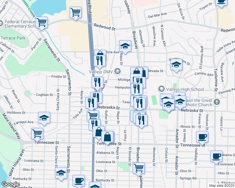 map of restaurants, bars, coffee shops, grocery stores, and more near 2122 Napa Street in Vallejo