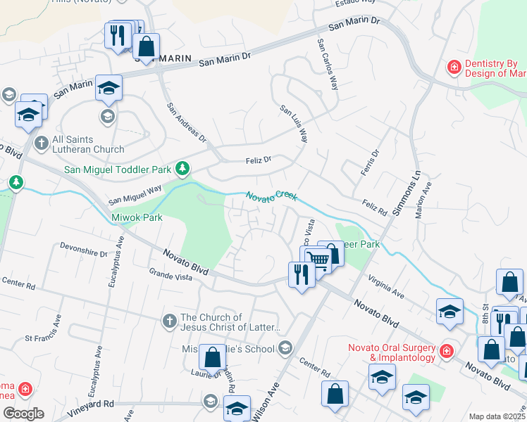 map of restaurants, bars, coffee shops, grocery stores, and more near 33 Oliva Drive in Novato