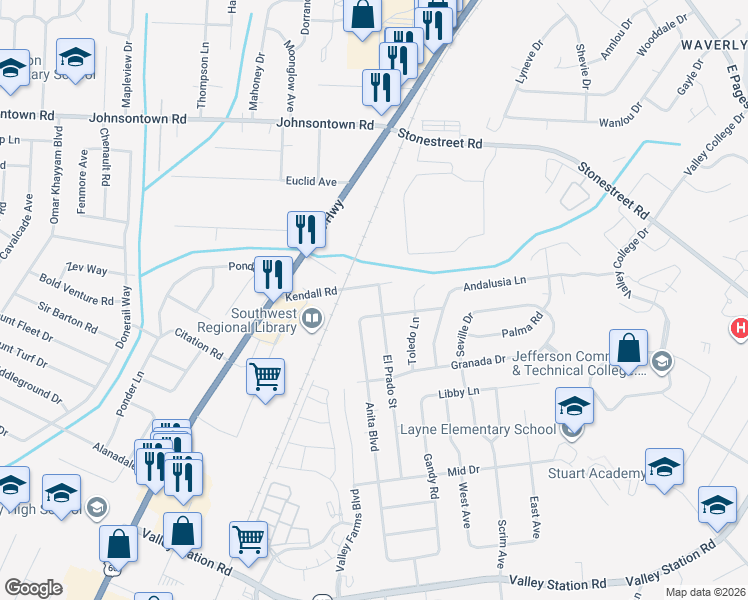 map of restaurants, bars, coffee shops, grocery stores, and more near 5105 Ventura Drive in Louisville