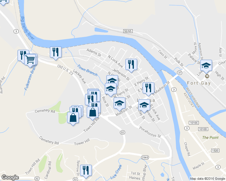 map of restaurants, bars, coffee shops, grocery stores, and more near 201 West Pike Street in Louisa